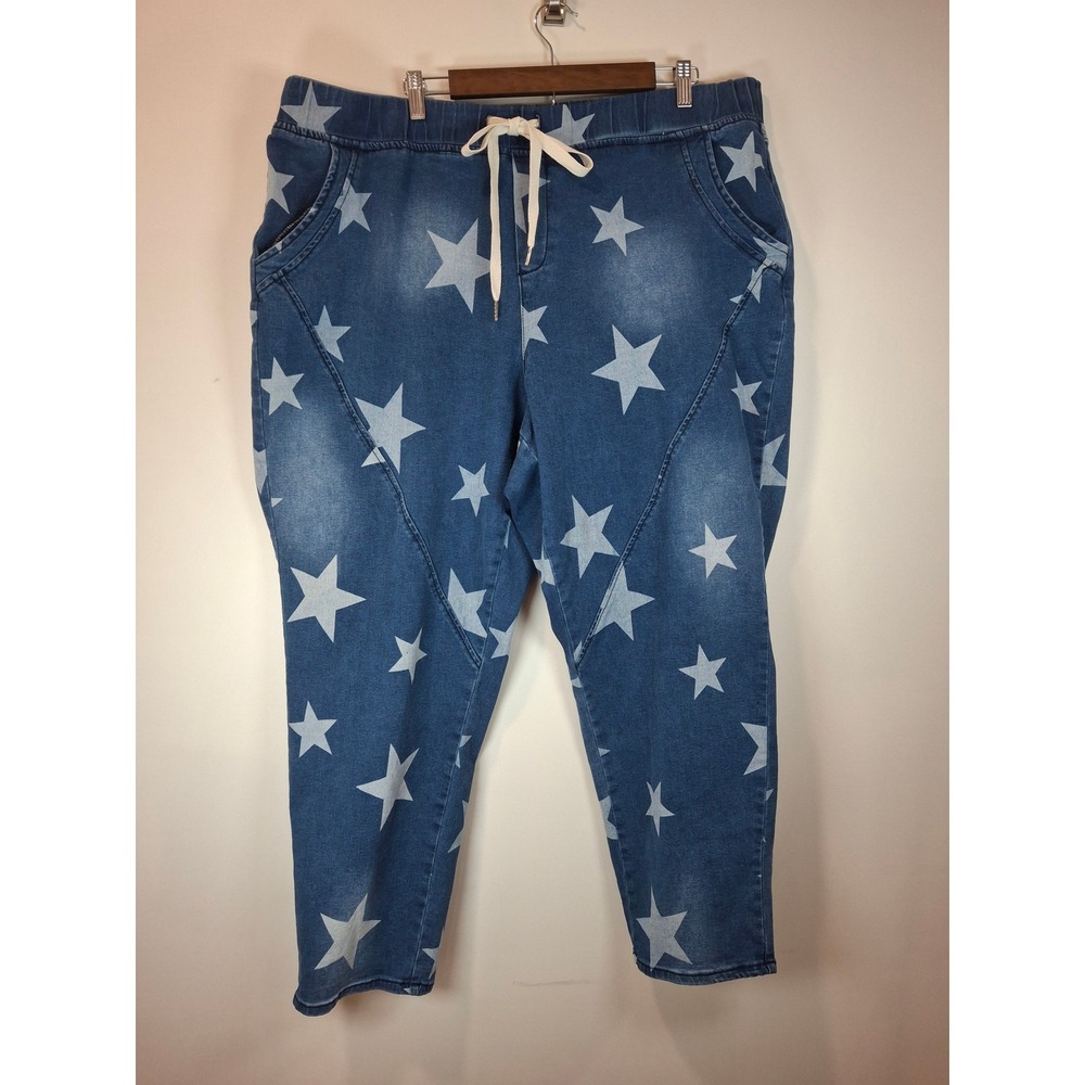 Ashley Stewart Star Print Denim Joggers Blue Plus Size 26 Pull On Drawstring